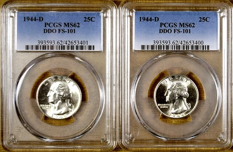 1944-D PCGS MS62 Washington Quarter FS-101 Doubled Die Obverse DDO - 100% White Cover