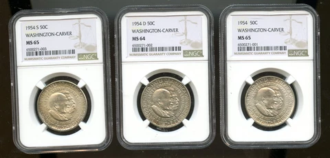 1954 50c Washington Carver Commemorative Half Dollar Set P, D and S NGC MS 65 Cover