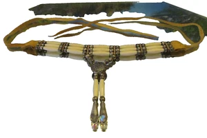 Indianer Knochen Halsreif mit Sterling Silber Perlen und Anhänger Leder Krawatten - Bild 1 von 11