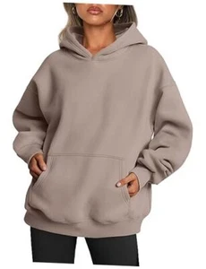 Womens Oversized Hoodies Fleece Sweatshirts Long Sleeve Medium Coffee Grey - Picture 1 of 7