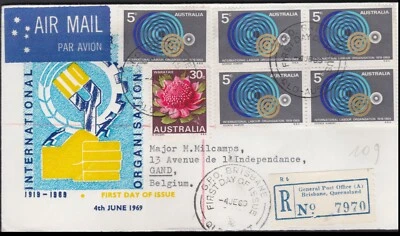 1969 55c Total 5c ILO FDC Labour Organization 30c Waratah Uprated to Belgium - Image 1 of 3