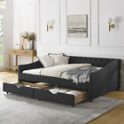 Full Size Daybed Linen Upholstered Tufted Sofa Bed Frame With Drawers W/ Button
