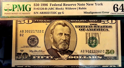 1996 $50 FRN SEVERE MISALIGNMENT ERROR PMG 64! - Image 1 of 2