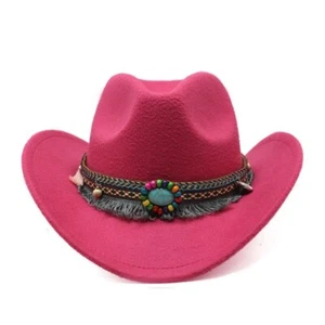 Pink Western Cowboy, Cowgirl Hat, Bead Tassle Strap, Men Women Retro Wide Brim - Picture 1 of 4