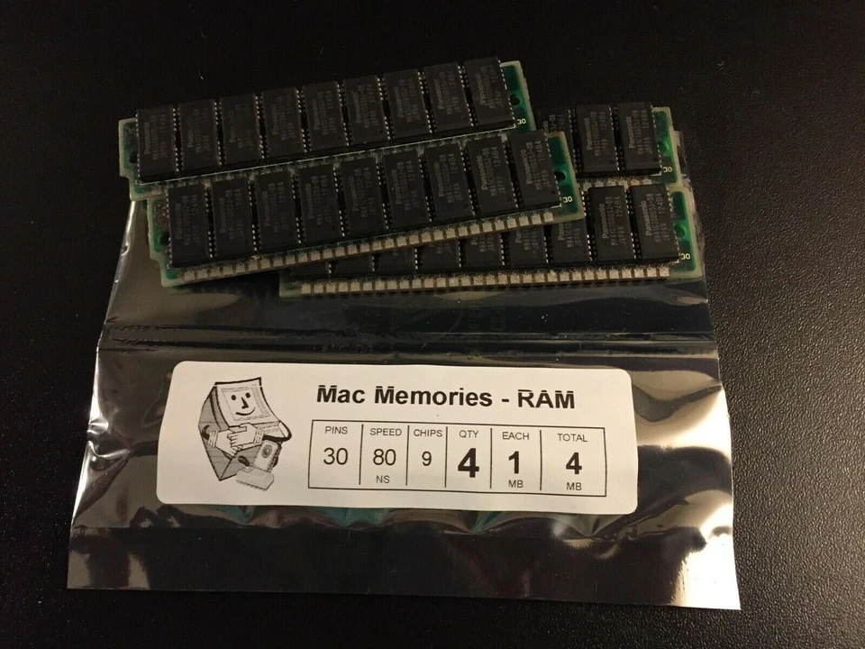 4x 1MB 30-Pin 9-Chip Parity 80ns FPM Memory SIMMs Apple Macintosh SE Plus 1Mx9 - Image 1 of 3