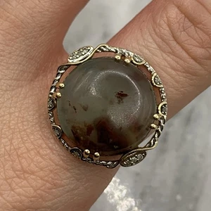 Anillo ornamentado redondo de diamantes y ágata musgo de oro amarillo de 9 quilates 375 9 k - talla R 1/2 - Imagen 1 de 14