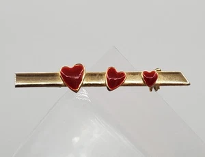 VTG Heart Bar Brooch 1.5in Gold Tone Red Enamel Hearts Pin Tie Lapel Estate - Picture 1 of 7