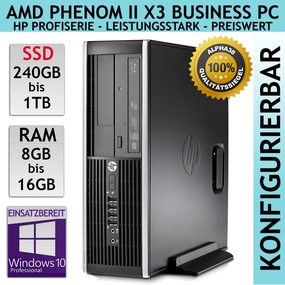 HP Compaq Pro 6005 SFF PC AMD Phenom II X3 B75 1 TB SSD 8 GB 16 GB DDR3 Win 10 - Bild 1 von 3