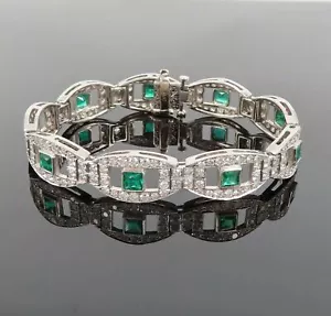 Estate 13.75ct Diamond & 3.0ct French Cut Emerald Platinum Bracelet - Picture 1 of 11