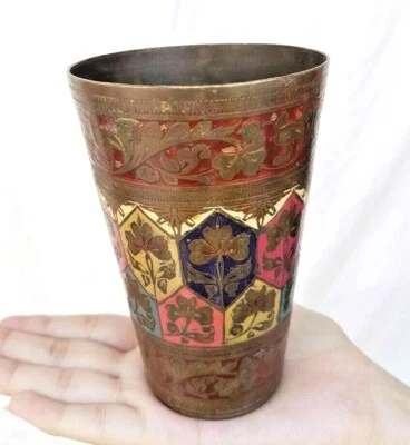 Vintage Old Antique Brass Floral Design Engraved Enamel Work Water / Lassi Glass - Image 1 of 4