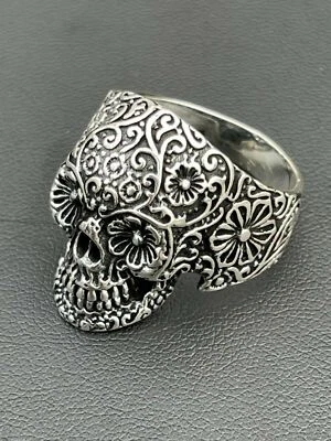 Men's 925 Sterling Silver Calavera Day Of Dead Sugar Flower Skull Death Ring - Image 1 of 4