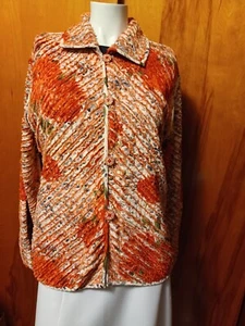 Vtg Paula Sweet Reversible Burnt Orange Gray Floral Fringe Cardigan S/M - Picture 1 of 10