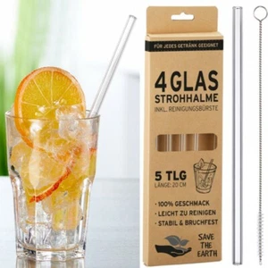 Trinkhalm Glas 4er Set, inkl. Reinigungsbürste Strohhalm dickes Glas Bruchfest  - Bild 1 von 1