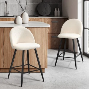 Oikiture 2x Bar Stools Kitchen Dining Chairs Counter Stool White Boucle Padded - Picture 1 of 10