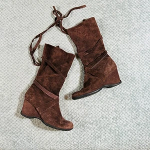 De colección Retro Y2K Marrón Chocolate Cuña Gamuza Envoltura Mocasín Botas de Becerro Mujer 8.5 - Imagen 1 de 8