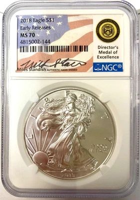 2018 SILVER EAGLE $1 Early Releases Miles Standish Hand Signed NGC MS70 - Image 1 of 4