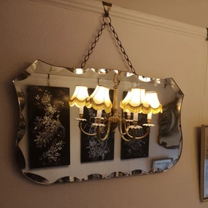 Vintage Frameless Scalloped Bevelled Edge Shield Mirror With Chain 61 x 35 cm - Picture 1 of 15