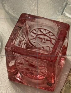 Viking Glass Cube Votive Candle Holder Pink Celestial Sun Face 2.5” Sq - Picture 1 of 1