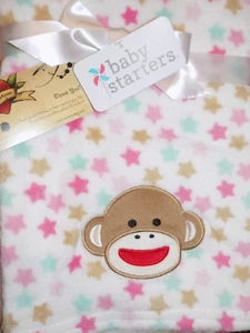 BLANKET BABY STARTER'S SOCK MONKEY W/ STARS PINK BROWN GREEN GIRL PLUSH SOFT NEW - Picture 1 of 5
