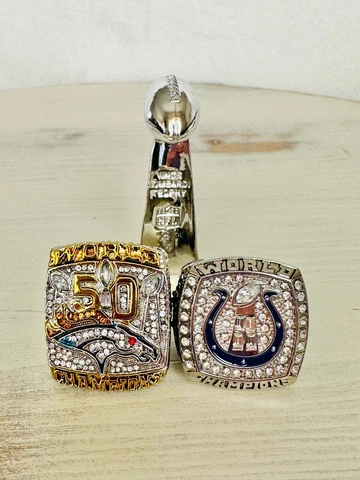2 PCS Peyton Manning Super Bowl Championship Ring Set + Trophy, US SHIP Cover