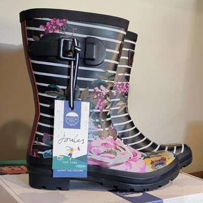 NUEVO EN CAJA NUEVO CON ETIQUETAS Botas de Lluvia Joules Media Pantorrilla Molly Welly Azul Marino Floral Rayas Talla 7  Foto 1 de 4