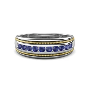 Round Iolite 2 Toned & High Polished Edges Men Wedding Band 14K Gold JP:322977 - Picture 1 of 16