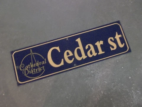 Vintage CEDAR ST Cathedral District Street Sign 30" X 9" - GOLD on NAVY Ground Cover