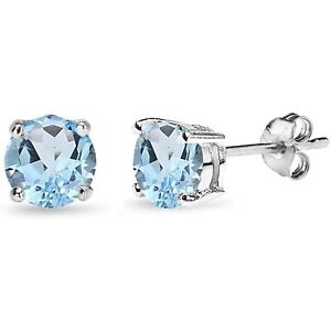 Aquamarine Round Basket Stud Earrings in 18k White Gold/Sterling Silver - 2 ct.