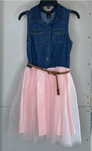 ZUNIE GIRLS DENIM TOP TULLE BOTTOM BELTED DRESS (BLUE DENIM BLUSH 16)NWT - Picture 1 of 2