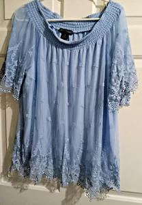 Lace Off Shoulder Blouse/ Light Blue / 1X / By: DESIGN 365 - Picture 1 of 3