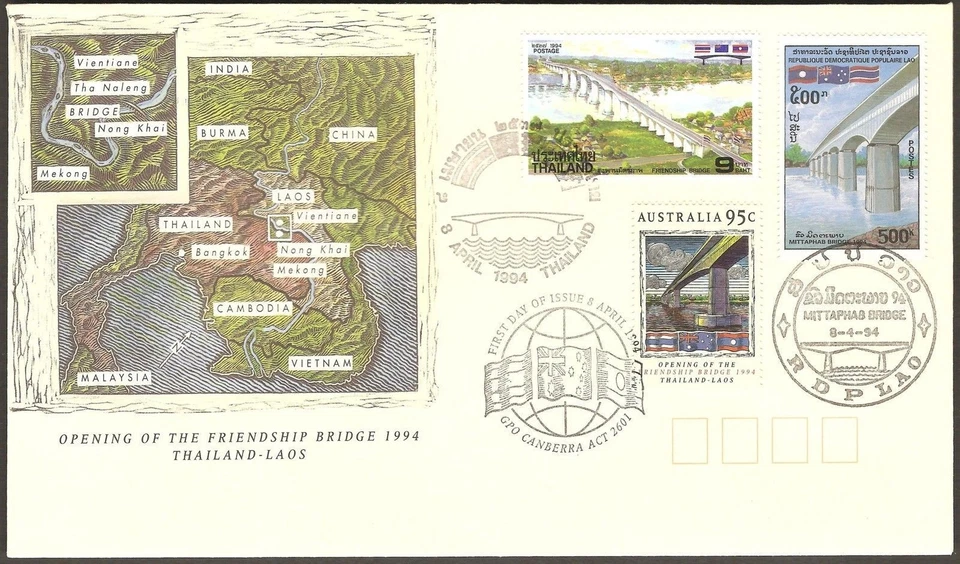 Laos Thailand Mekong River Friendship Bridge Opening Australia FDC 1998 - Image 1 of 1