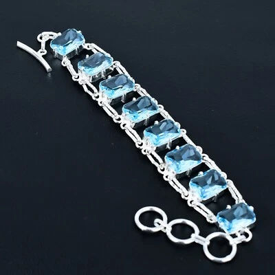 Elegante Topazio Blu Gemma a Mano 925 Argento Sterling Gioielli Bracciale Regali - Immagine 1 di 4