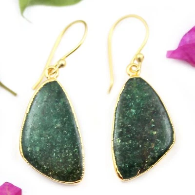 A+Genuine Green Aventurine Pear Shape Silver Electroplated Earrings Boho Jewelry - Image 1 of 2