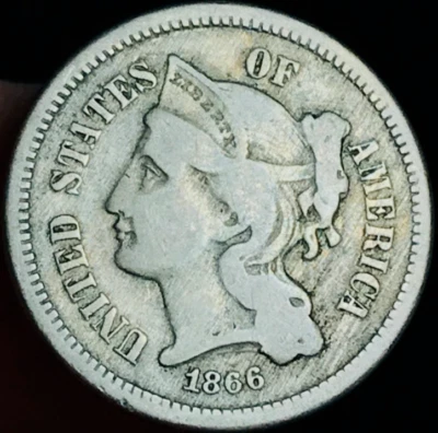 1866 Three Cent Nickel Piece 3C Ungraded Choice Civil War Era US Coin CC24072 - Image 1 of 4