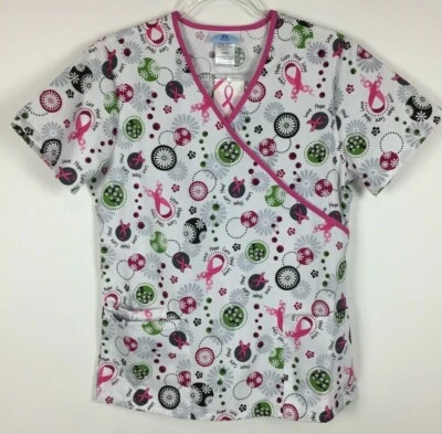 SB Scrub Top Womens Size S White Pink Trim Ribbon 3 Pocket Nursing Medical NWT - Image 1 of 4