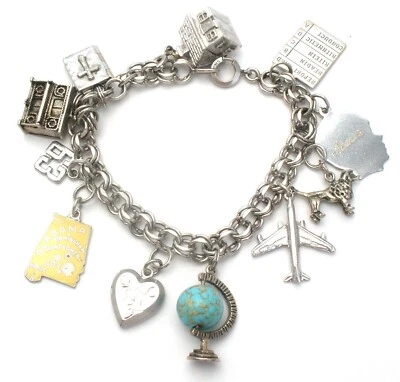 Sterling Silver Charm Bracelet 11 Charms Airplane Globe Bible Dog Locket Heart - Image 1 of 4