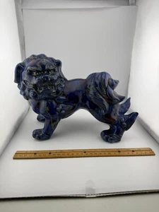 Fu Dog Foo Hund Löwe Tropfglasur 8" groß Vintage blau Strass Auge 12" lang MCM - Bild 1 von 9