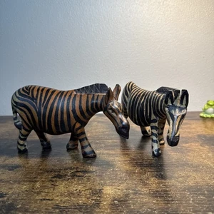 Hand Carved Zebra Pair African Wooden Folk Art Vintage - Picture 1 of 18