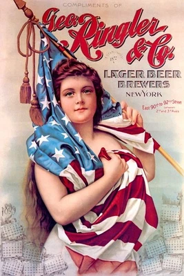 GEO RINGLER LARGER BEER BREWERS NEW YORK GIRL AMERICAN FLAG VINTAGE POSTER REPRO - Image 1 of 3