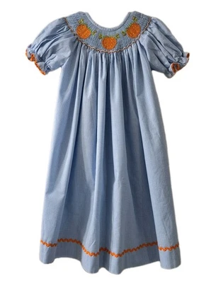 Vestido Smocked Bishop 4T Calabazas Bordado Azul Rayas Calado Subastas Usado en Excelente Condición Foto 1 de 4