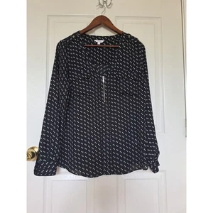 Candie's Women Black White V-Neck Long Sleeve 1/4 Zip Pockets Blouse Size S - Picture 1 of 13