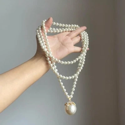 Pearl Tassel Wedding Necklace Statement Handmade Flapper Style Beaded Jewelry - Image 1 of 4