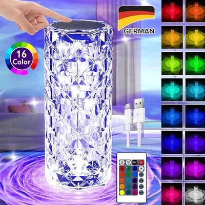 LED Kristall Tischlampe RGB Diamond Rose Nachtlicht Atmosphäre Lampe Touch Dimmb - Bild 1 von 4