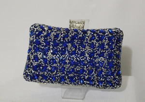  NEW LUXURIOUS SWAROSKI STONE CLUTH GLITTER BLUE PURSE - Picture 1 of 8