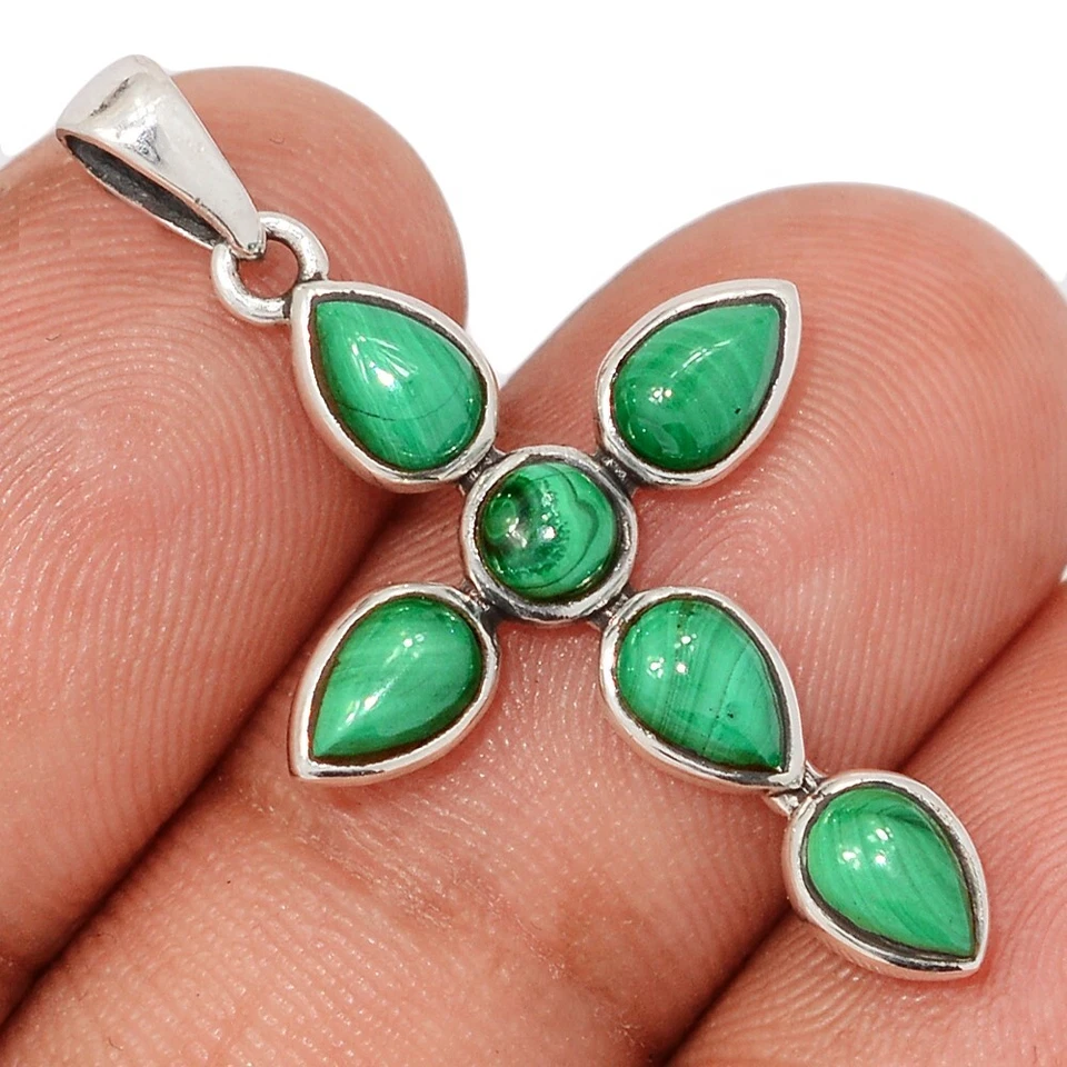 Cruz - Malaquita Natural - Congo 925 Plata de Ley Colgantes Joyería CP73454 Foto 1 de 1