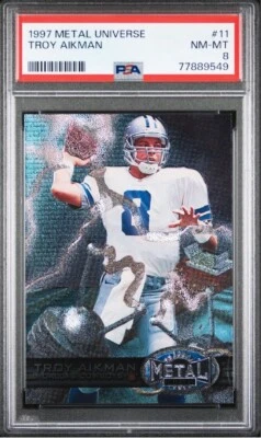 Troy Aikman 1997 Skybox Metal Universe #11 Dallas Cowboys HOF PSA 8 - Image 1 of 2