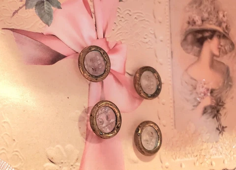 Antique Glass Buttons Clear Art Nouveau Brass Accent 1/2 inch Flat Lot of 4 Cover