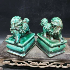 Chinese Old Marked Green Porcelain Foo Dog Glazed Palace Lion Home Statue  - Picture 1 of 5