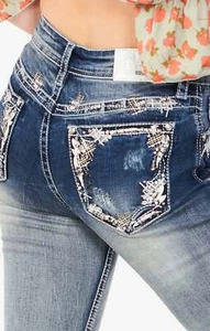 Grace in LA Women's Embroidered Boarder Distressed Pocket Bootcut Stretch Jeans - Picture 1 of 6