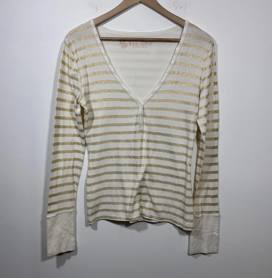 Camiseta Victoria's Secret V Shop Y2K Preppy Henley Top Para Mujer Grande Rayas Doradas Foto 1 de 4